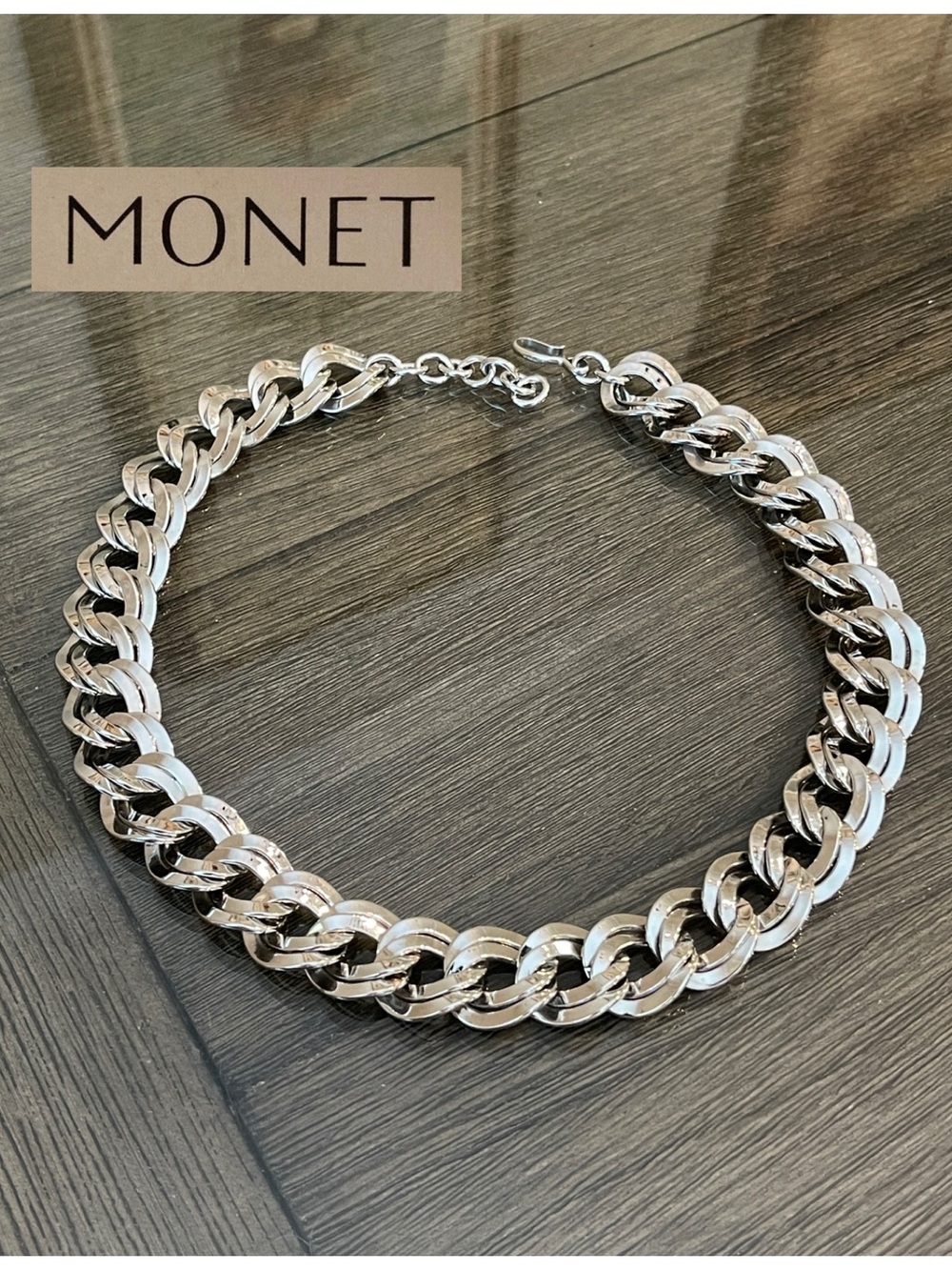 Vintage MONET Silver-tone Double Curb Link Chain Necklace Approx 19.5”-21”